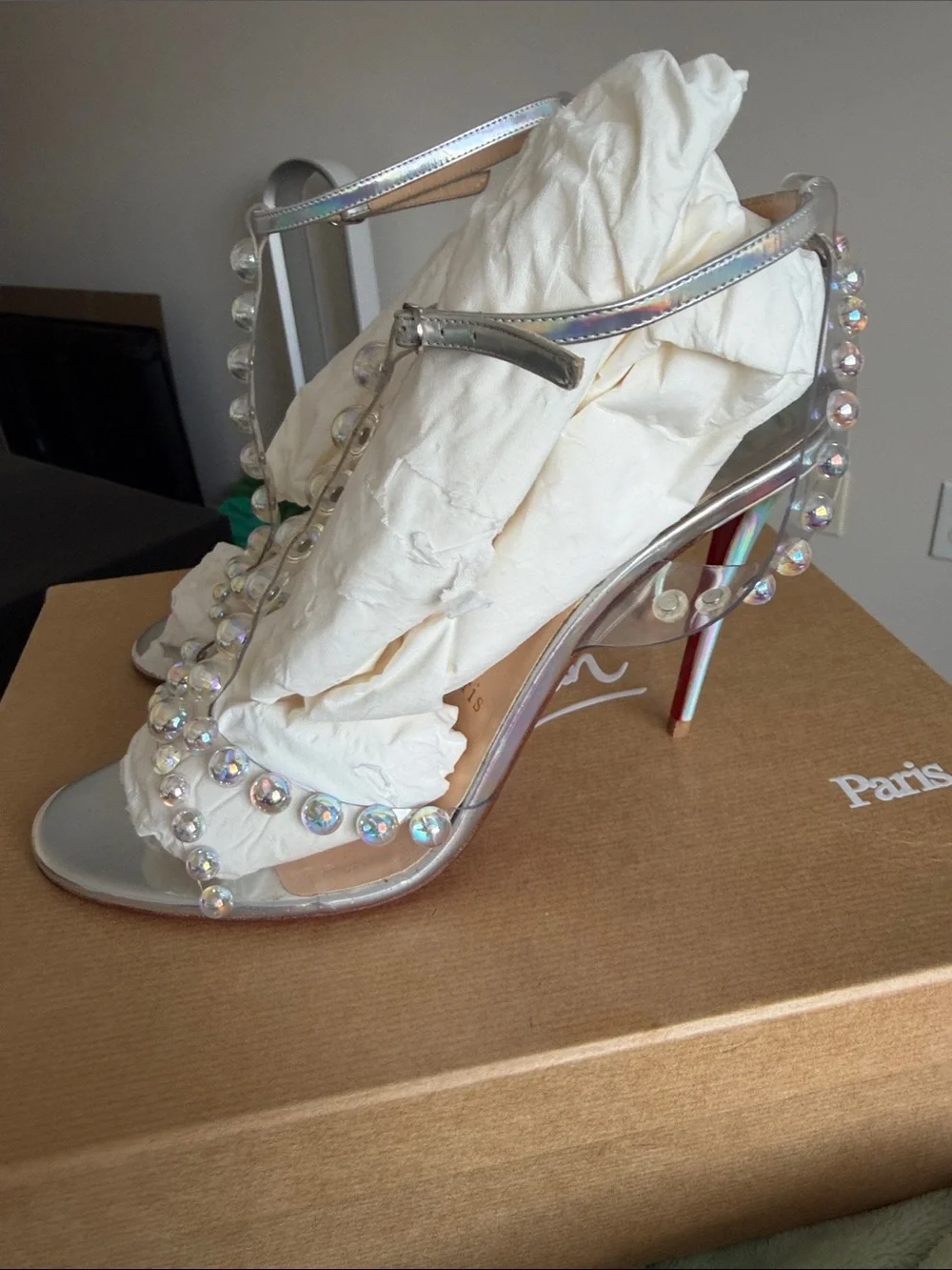 Christian Louboutin Silver Crystal-Embellished Strappy Heels